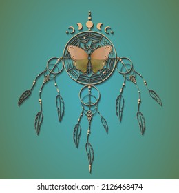 Butterfly on dreamcatcher with mandala ornament and Moon Phases. Gold Mystic symbol, Ethnic art with native American Indian boho design, vector isolated on old green background