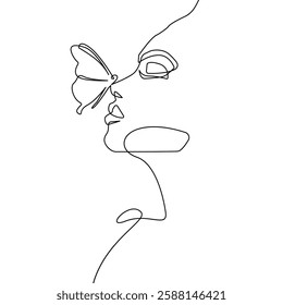 Butterfly on Female Face One Line Drawing. Minimalistic Sketch Linear Design of Simple Woman Silhouette with Butterfly for Logo, Business Design, Prints, Social Media, Web. Vector Illustration. Not AI