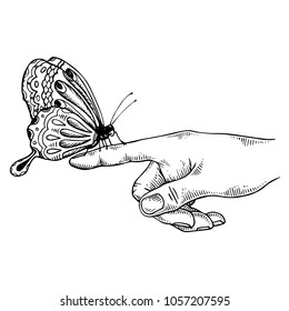 Butterfly on finger engraving vector illustration. Scratch board style imitation. Black and white hand drawn image.