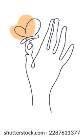 Butterfly on finger in line art Contemporary insect abstract drawing. Vector illustration