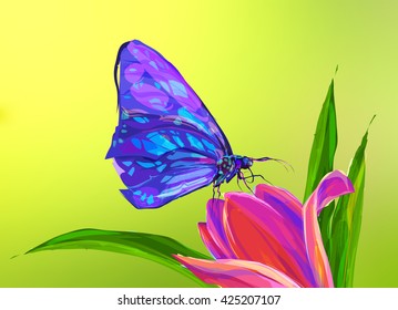 The butterfly on the flower and green background. Retro design graphic element. This is illustration ideal for a mascot and tattoo or T-shirt graphic. Stock illustration