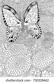 Butterfly on flower. Hand drawn patterns for coloring. Freehand sketch drawing for adult antistress coloring book