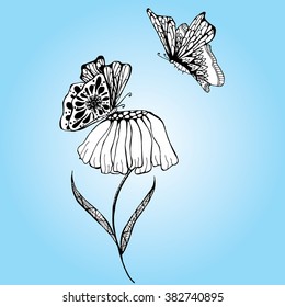 Butterfly. Butterfly on a flower. Line art. Tattoo. Black and white. Dudling. Zentangl. Stylized. Decorative. Drawing by hand. Isolated. Background.