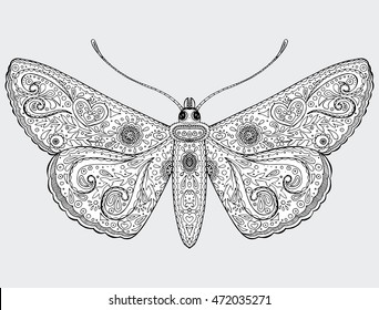 Butterfly. Butterfly on a flower. Line art. Tattoo. Black and white. Stylized. Decorative. Drawing by hand. Isolated. Background.