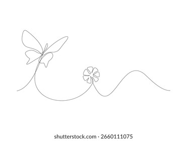 Borboleta em uma flor. Uma arte de linha contínua de insetos.