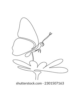 Butterfly on flower. One line continuous insect fly over flower. Line art butterfly outline vector illustration.