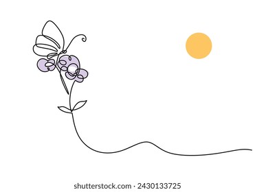 Butterfly on flower under the sun in continuous one line art drawing. Floral and fauna vector illustration editable stroke.