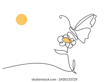 Butterfly on flower under the sun in continuous one line art drawing. Floral and fauna vector illustration editable stroke.