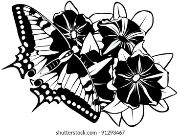 Butterfly on flowers. Black and white illustration.