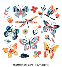 Butterfly On Flowers. Insect Dragonflies, Butterflies, Moth And Flower Hand Drawn, Sketch Vector Isolated Set