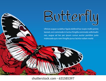 Butterfly on flowers of red roses on a blue sky background and space for text, vector banner, card, poster, flyer