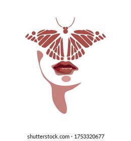 
Butterfly on the girl's face. Abstract illustration. Print for t-shirts, for fabrics. Symbol of femininity and beauty. The fusion of man with nature. Vector graphics. Isolated background