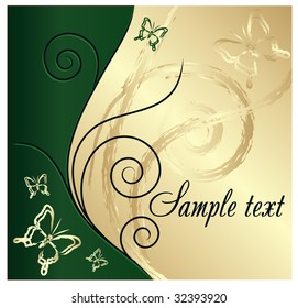 Butterfly on green and gold. Vector illustration.