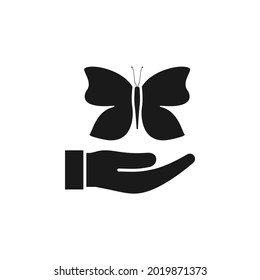 Butterfly on hand icon flat style isolated on white background. Vector illustration