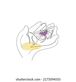 Butterfly on the hand line art drawing style, the butterfly sketch black linear isolated on white background, the best butterfly on the hand line art vector illustration