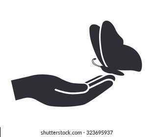 Butterfly on the hand. Monochromatic vector icon
