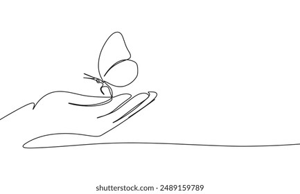 Mariposa en la mano una línea continua. Línea de arte Mariposa en la mano. Arte vectorial dibujado a mano.