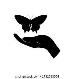 Butterfly on hand silhouette vector illustration