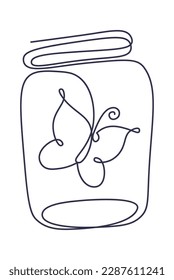 Butterfly on jar line art Contemporary insect abstract drawing. Vector illustration