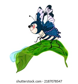 Butterfly on leaf. Cute cartoon moth crawling on leaf with dew drop. Funny little butterfly with blue ornament wings in summer nature.Mascot character insect.Funny smiling bug icon.Vector illustration