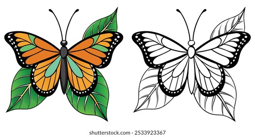 Butterfly On Leaf Vector Coloring Page For Kids Printable