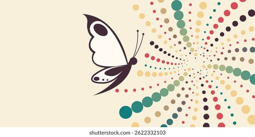 Butterfly on the left side and colored circles flying to the right across a beige background. Flat geometric composition with retro color palette and empty space for text