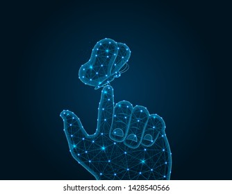 Butterfly on mans finger low poly design, moth abstract geometric image, human and insect wireframe mesh polygonal vector illustration made from points and lines on dark blue background