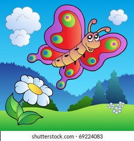 Mariposa en pradera - ilustración vectorial.