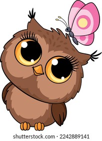 Butterfly on owl head. Cute cartoon spring characters