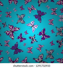 Butterfly on purple, blue and white background. Vector illustration. Simple feminine pattern for invitation, card, print. Seamless.