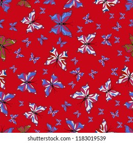 Butterfly on red, pink and blue background. Seamless. Simple feminine pattern for invitation, card, print. Random red, pink and blue butterflies cute pattern. Vector illustration.