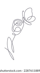 Butterfly on rose in line art Contemporary insect abstract drawing. Vector illustration