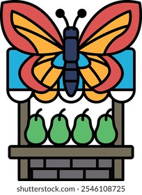 A butterfly is on top of a fruit stand with four pears. The butterfly is orange and blue