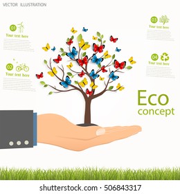 Butterfly on the tree. Ecology concept, save the Planet. Tree, rising from an open palm, vector illustration modern template design.