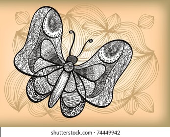 The butterfly on a vegetative background. An abstract vector illustration.