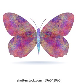 Butterfly on white background with abstract blue and purple pattern