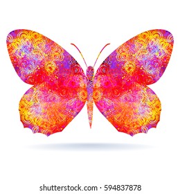 Butterfly on white background. Bright wings wits red, yellow and violet pattern