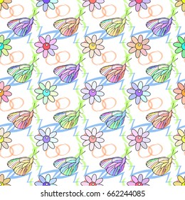 Butterfly on a white background with doodles among the flowers. Seamless pattern. Illustration for your design.