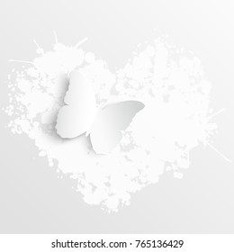 Butterfly on a white heart. Paper beautiful butterfly. Wedding decorations. Wedding lace. Template greeting card, blank floral wall decor. Background.