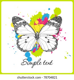 Butterfly on a withe background with blots. Vector illustration. Place for your text.