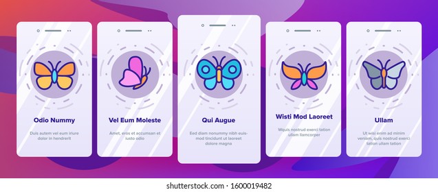 Butterfly Onboarding Mobile App Page Screen Vector. Beautiful Decorative And Exotic Butterfly, Monarch And Moth Illustrations