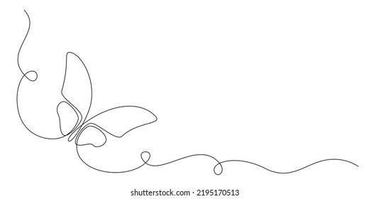 Butterfly in One continuous line drawing. Beautiful flying moth for wellbeing beauty or spa salon logo and divider concept in simple linear style. Editable stroke. Doodle vector illustration.