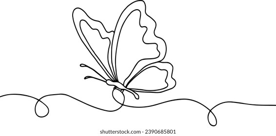 Butterfly in One continuous line drawing. Beautiful flying moth for wellbeing beauty or spa salon logo and divider concept in simple linear style. Editable stroke. Doodle vector illustration
