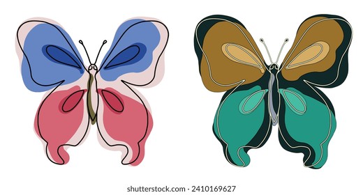 Butterfly one continuous line drawing style with abstract shapes .
