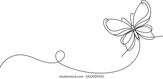 Butterfly in One continuous line drawing. Beautiful flying for wellbeing beauty or spa salon logo, concept in simple linear style. Editable stroke. Doodle vector illustration