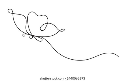 Butterfly in One continuous line drawing. Beautiful flying moth for wellbeing beauty or spa salon logo and divider concept in simple linear style. Editable stroke. Isolated on white background.