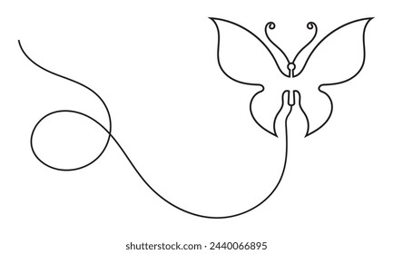 Butterfly in One continuous line drawing. Beautiful flying moth for wellbeing beauty or spa salon logo and divider concept in simple linear style. Editable stroke. Isolated on white background.