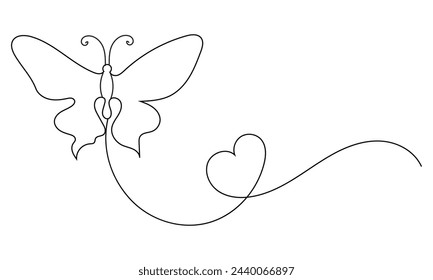 Butterfly in One continuous line drawing. Beautiful flying moth for wellbeing beauty or spa salon logo and divider concept in simple linear style. Editable stroke. Isolated on white background.