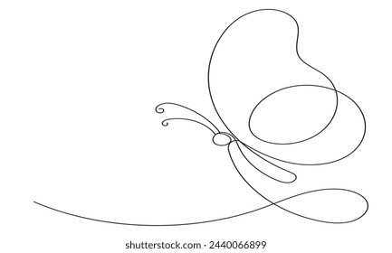 Butterfly in One continuous line drawing. Beautiful flying moth for wellbeing beauty or spa salon logo and divider concept in simple linear style. Editable stroke. Isolated on white background.