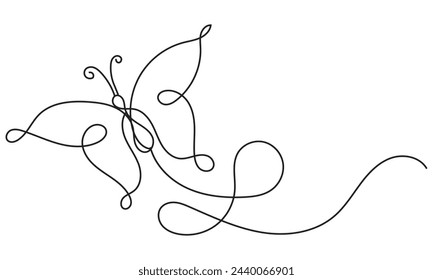 Butterfly in One continuous line drawing. Beautiful flying moth for wellbeing beauty or spa salon logo and divider concept in simple linear style. Editable stroke. Isolated on white background.